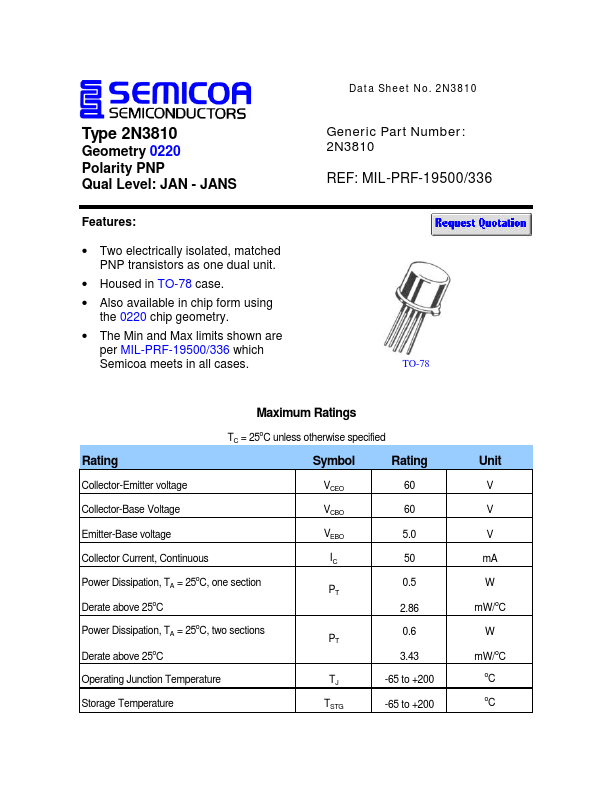 2N3810 Semicoa Semiconductor