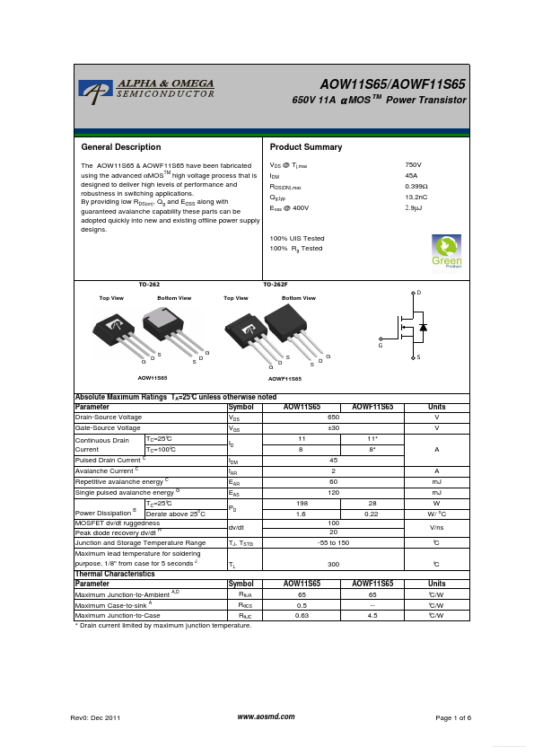 AOWF11S65 Alpha & Omega Semiconductors