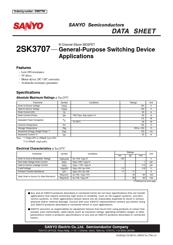 2SK3707 Sanyo Semicon Device
