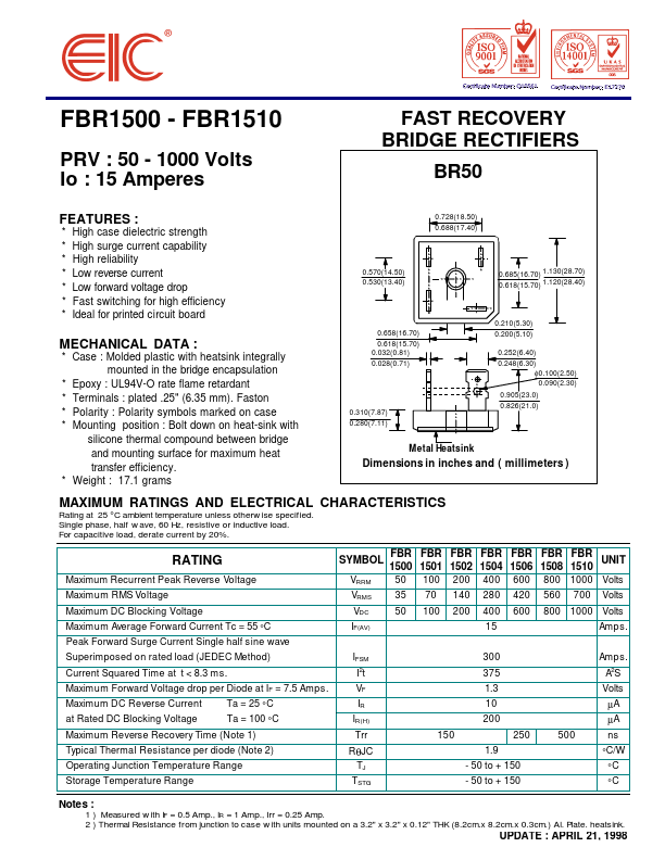 FBR1501 EIC discrete Semiconductors