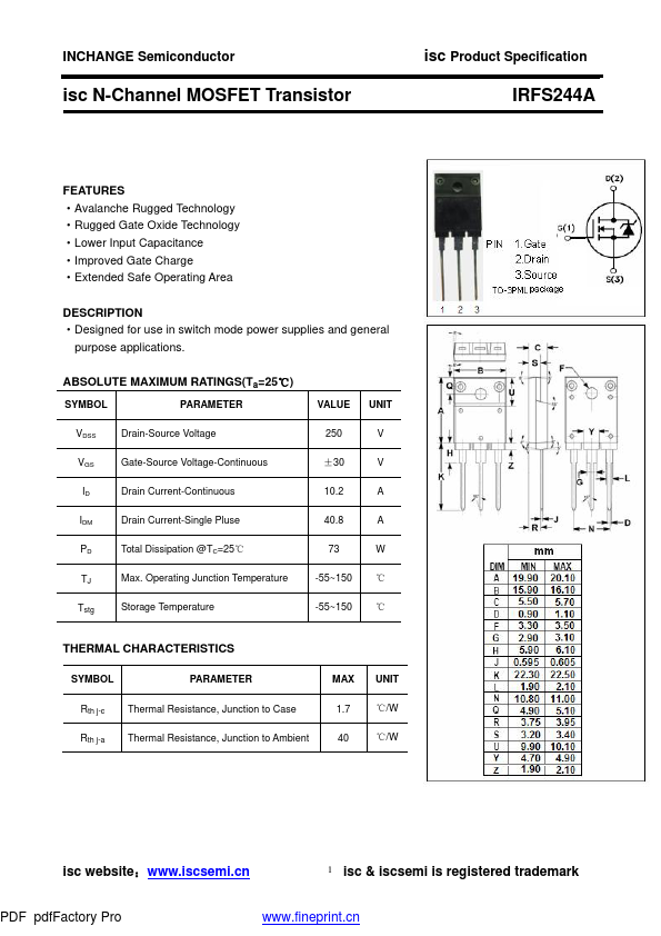 IRFS244A Inchange Semiconductor