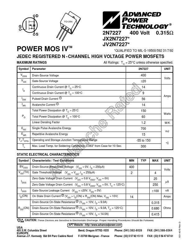 JV2N7227 Advanced Power Technology