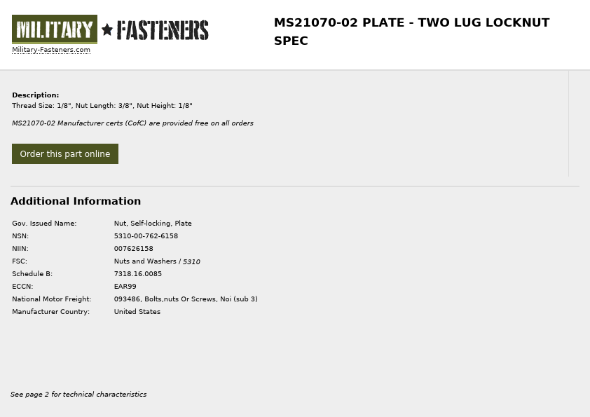 MS21070-02 Military Fasteners