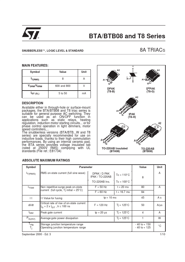 BTB08A-600BW ST Microelectronics