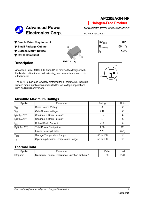 AP2305AGN-HF Advanced Power Electronics