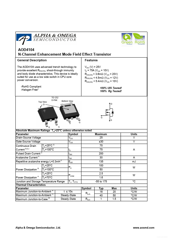 AOD4104 Alpha & Omega Semiconductors