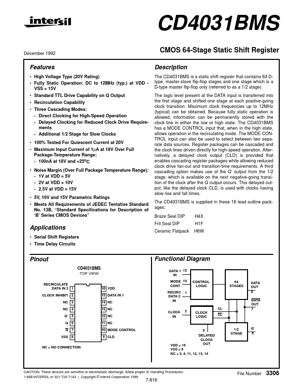 CD4031BMS Intersil Corporation