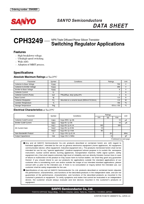 CPH3249 Sanyo Semicon Device