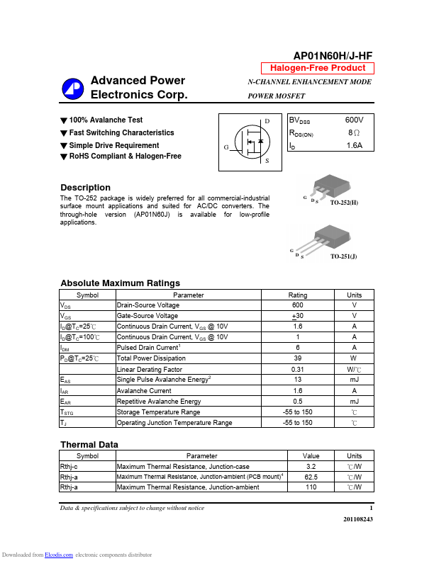 AP01N60J-HF Advanced Power Electronics
