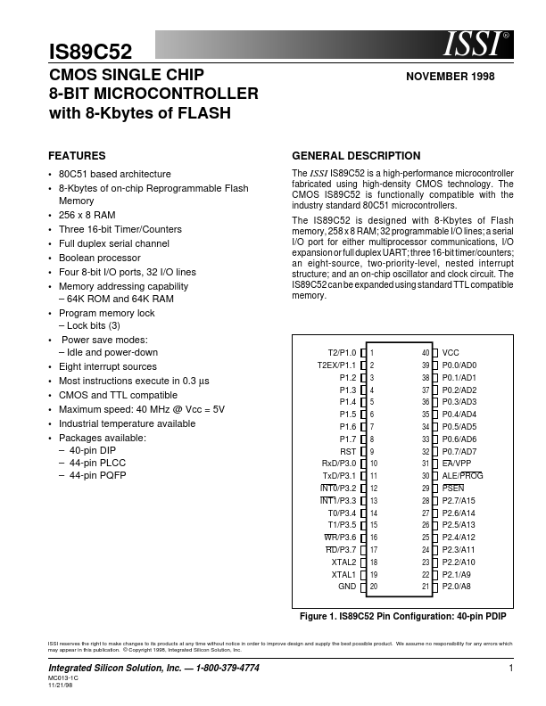 IS89C52-40PL Integrated Silicon Solution  Inc