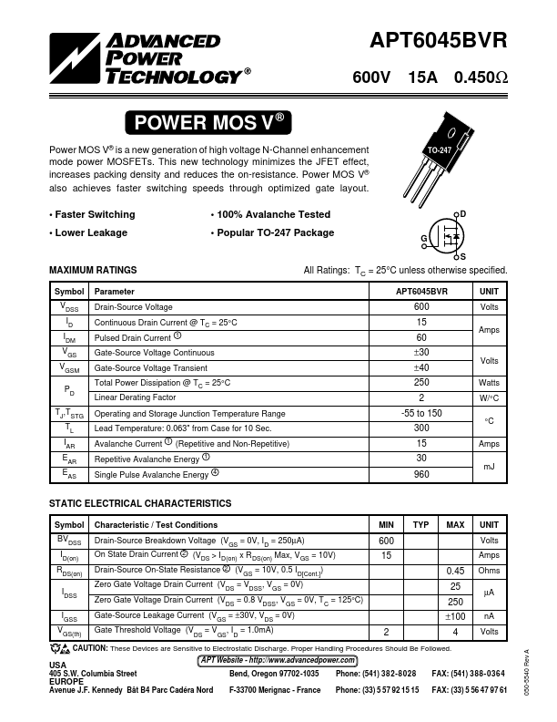 APT6045BVR Advanced Power Technology