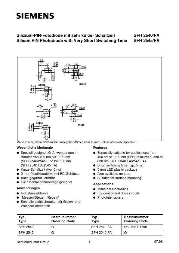 SFH2540 Siemens Semiconductor Group
