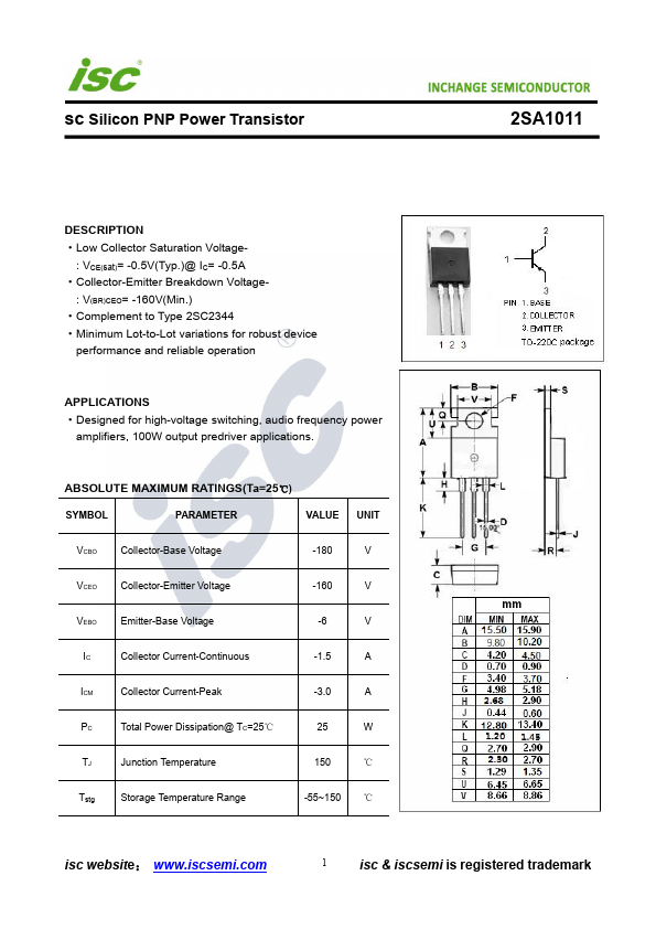 2SA1011 Inchange Semiconductor