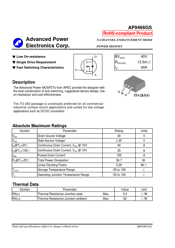 AP9466GS Advanced Power Electronics