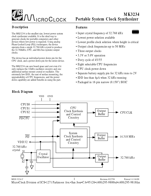 MK3234-01STR Integrated Circuit Systems