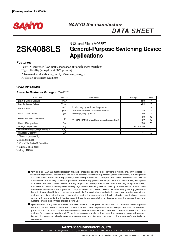 2SK4088LS Sanyo Semicon Device