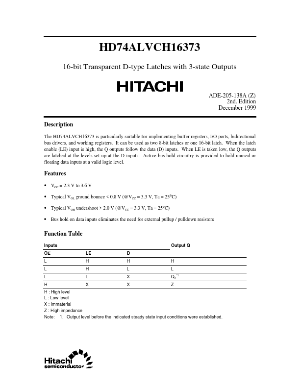 HD74ALVCH16373 Hitachi Semiconductor