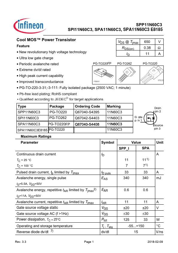 SPA11N60C3E8185 Infineon Technologies