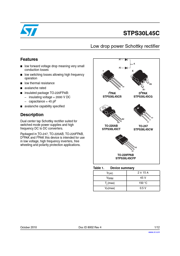 STPS30L45CFP ST Microelectronics