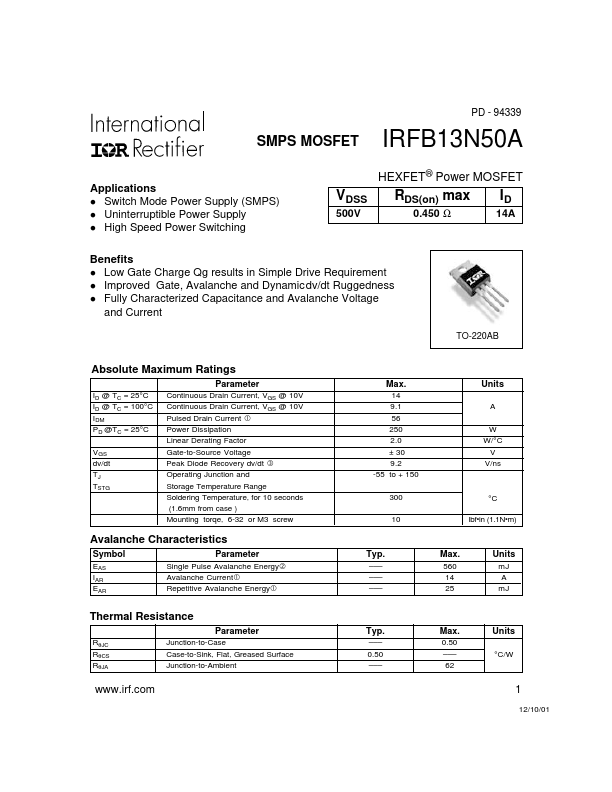 IRFB13N50A International Rectifier