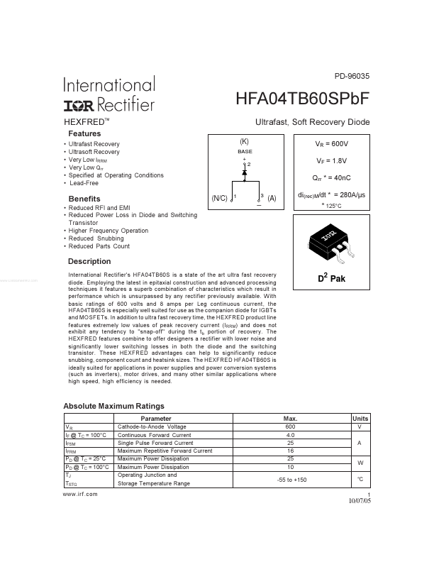 HFA04TB60SPBF International Rectifier
