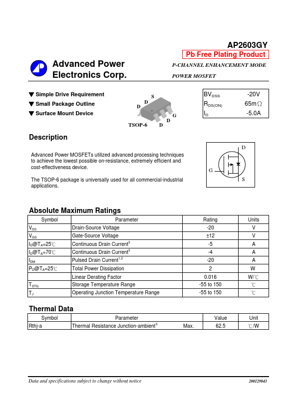 AP2603GY Advanced Power Electronics