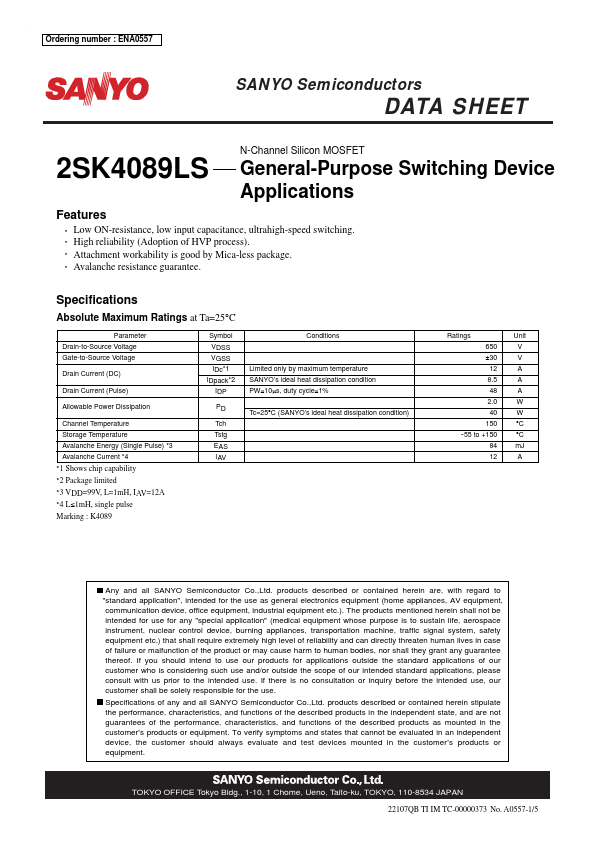 2SK4089LS Sanyo Semicon Device