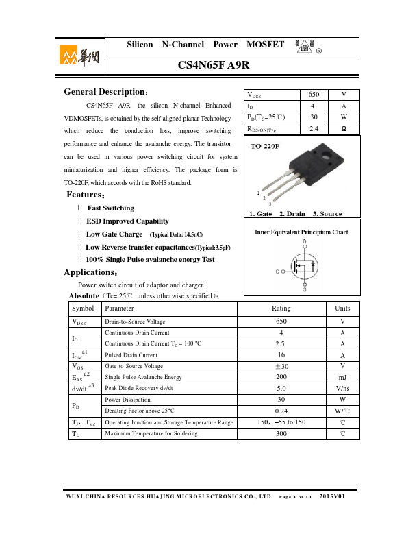CS4N65FA9R Huajing Microelectronics