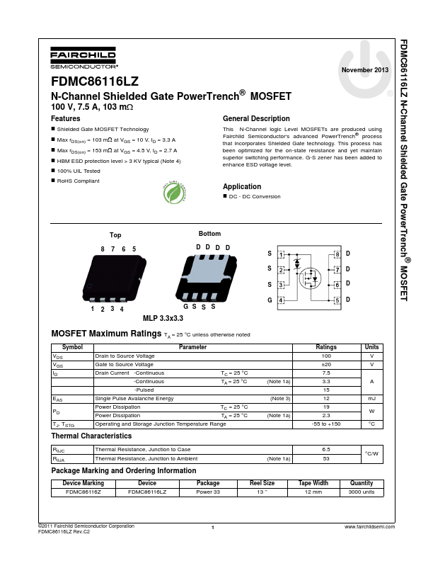 FDMC86116LZ Fairchild Semiconductor