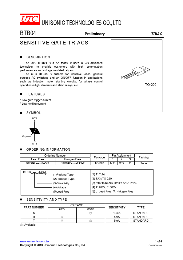 BTB04-600 Unisonic Technologies