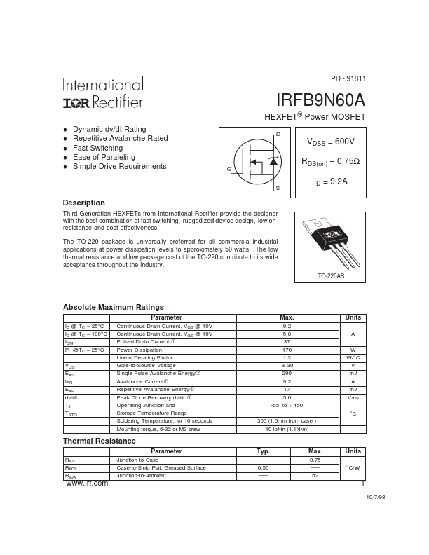 IRFB9N60A International Rectifier