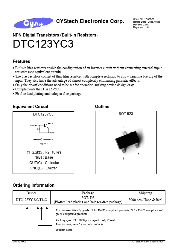 DTC123YC3 Cystech Electonics