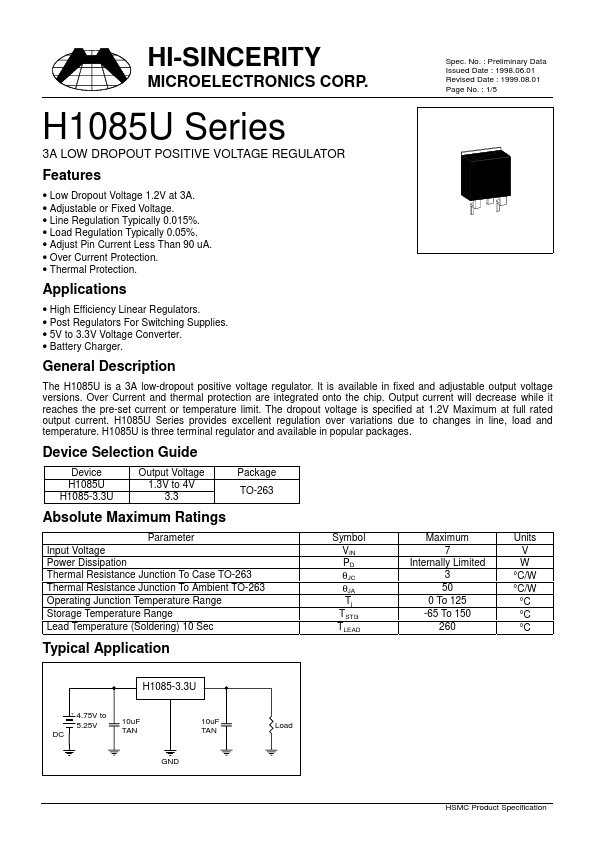H1085-3.3U Hi-Sincerity Mocroelectronics