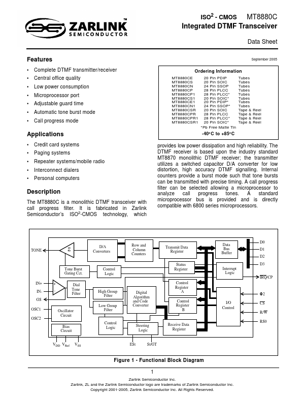 MT8880C Zarlink Semiconductor