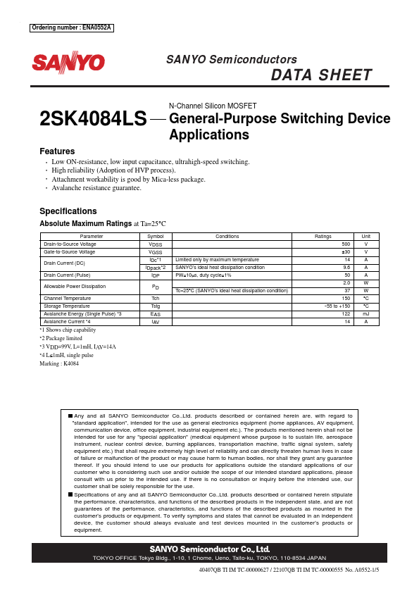 2SK4084LS Sanyo Semicon Device