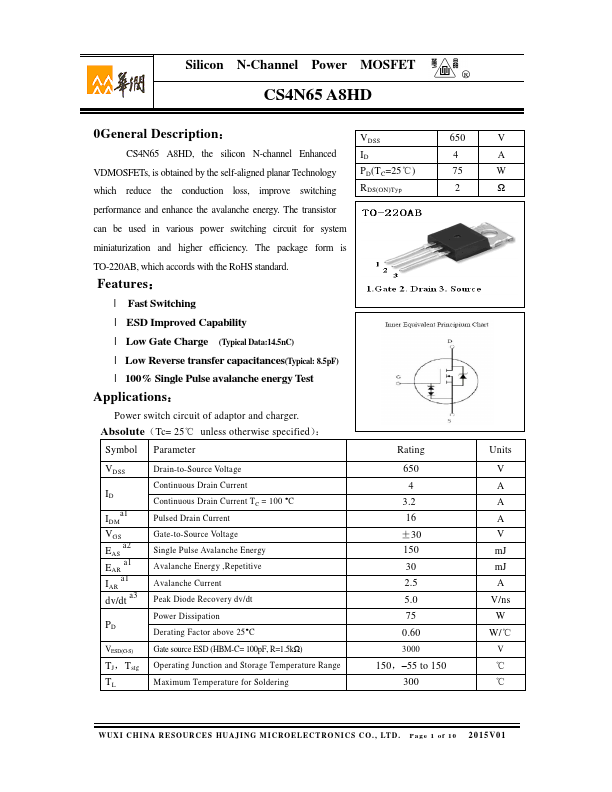 CS4N65A8HD Huajing Microelectronics