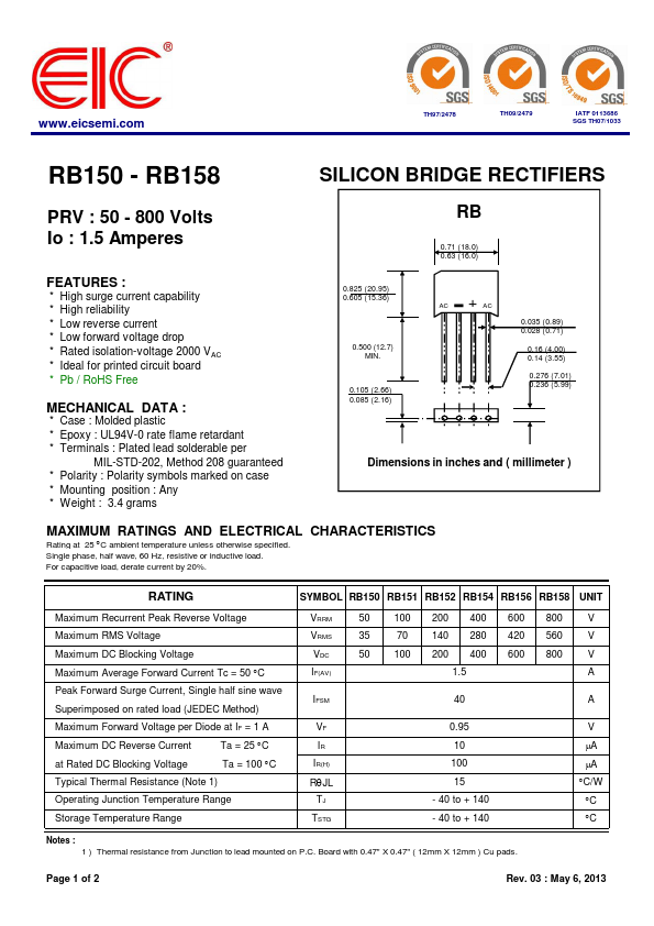 RB158 EIC discrete Semiconductors