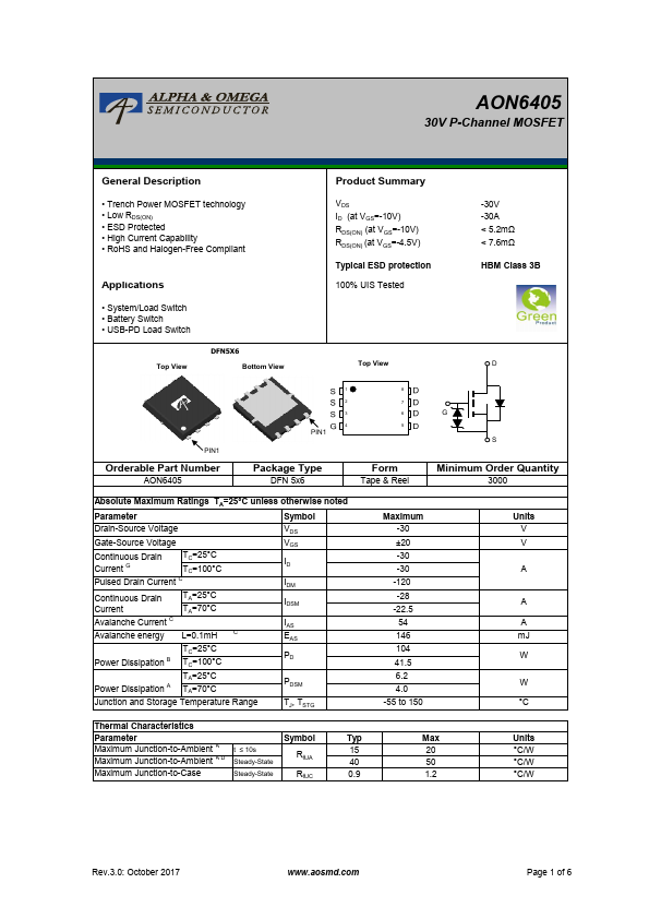 AON6405 Alpha & Omega Semiconductors