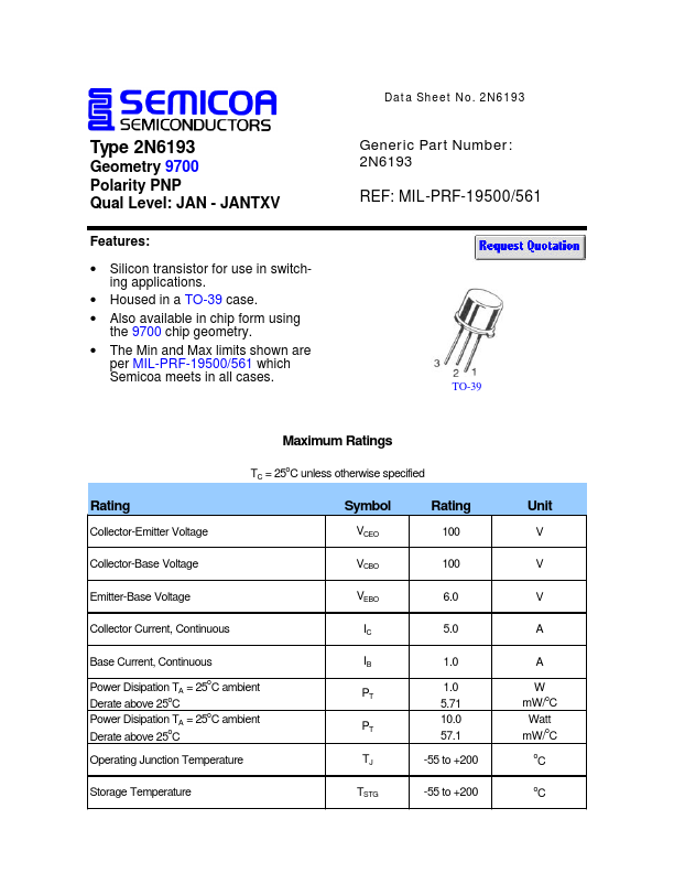 2N6193 Semicoa Semiconductor