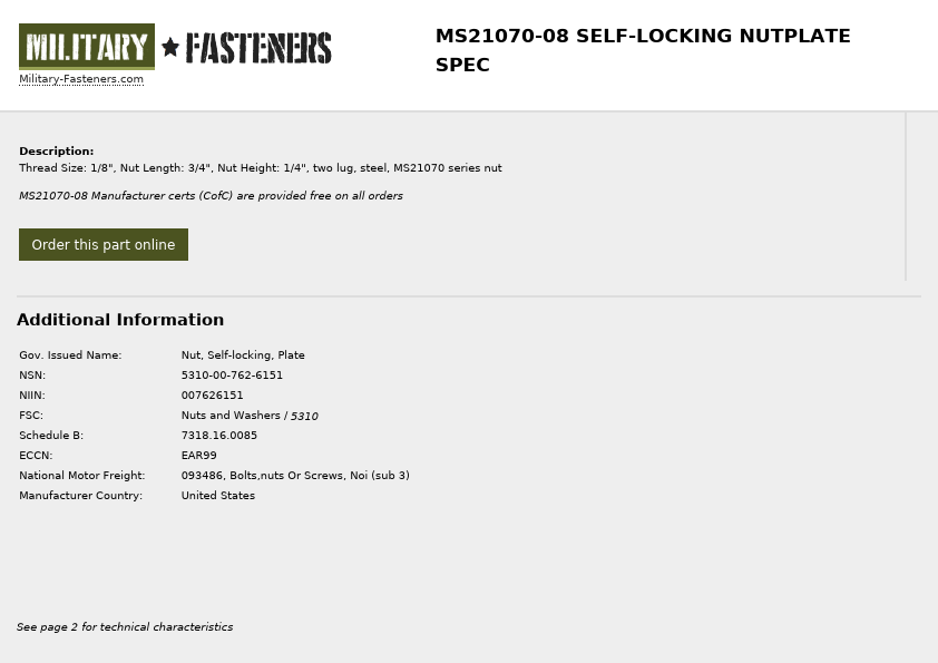 MS21070-08 Military Fasteners