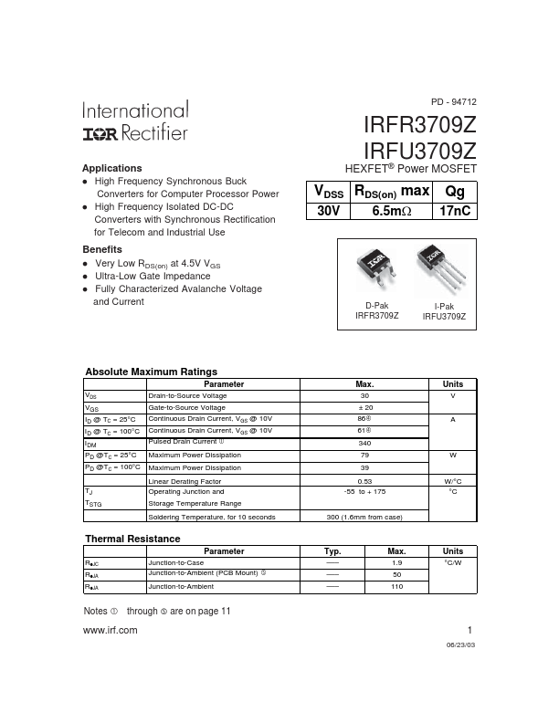 IRFR3709Z International Rectifier
