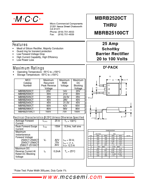 MBRB2580CT Micro Commercial Components