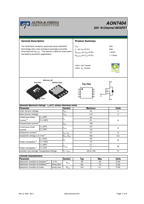 AON7404 Alpha & Omega Semiconductors