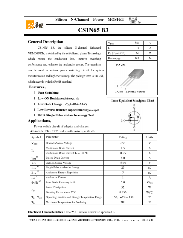 CS1N65B3 Huajing Microelectronics