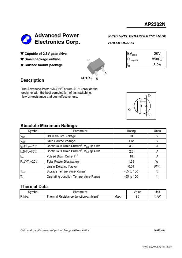 AP2302N Advanced Power Electronics
