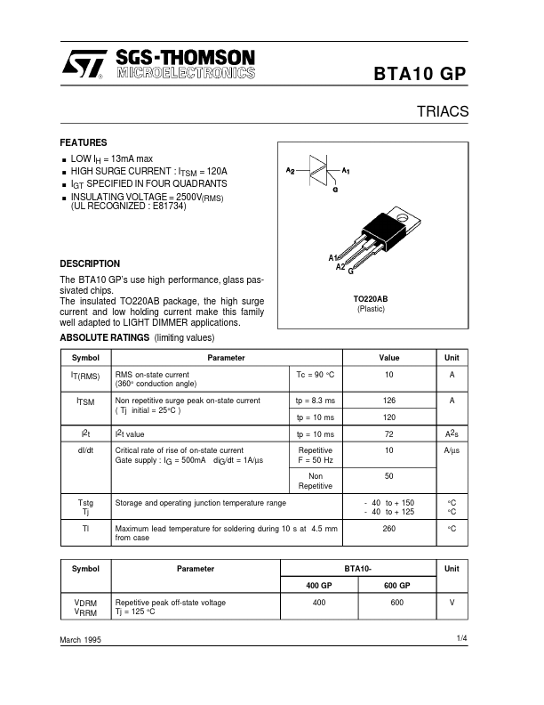 BTA10-400GP ST Microelectronics
