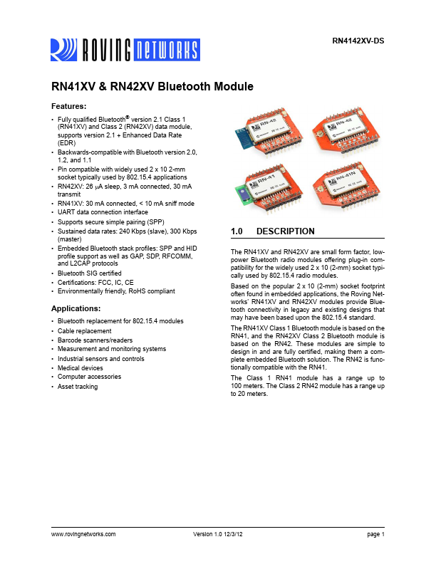 RN4142XV-DS Roving Networks