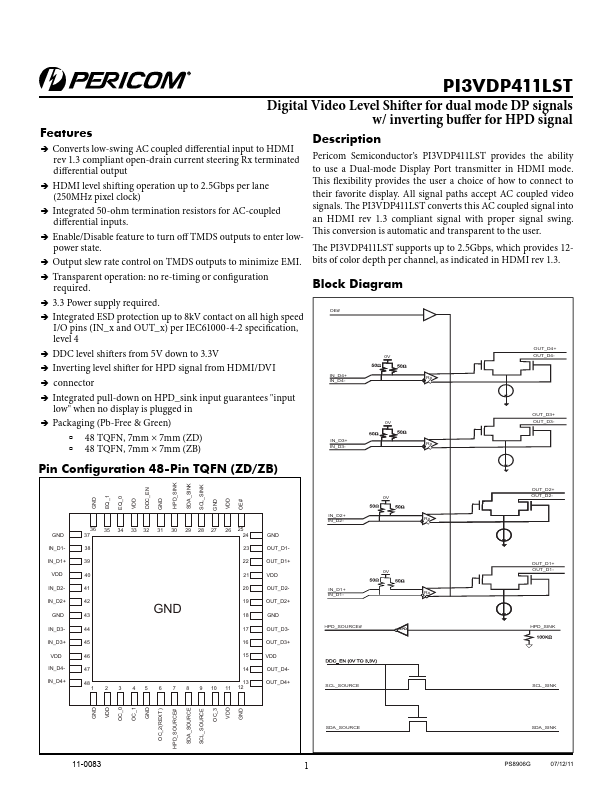 PI3VDP411LST Pericom Semiconductor