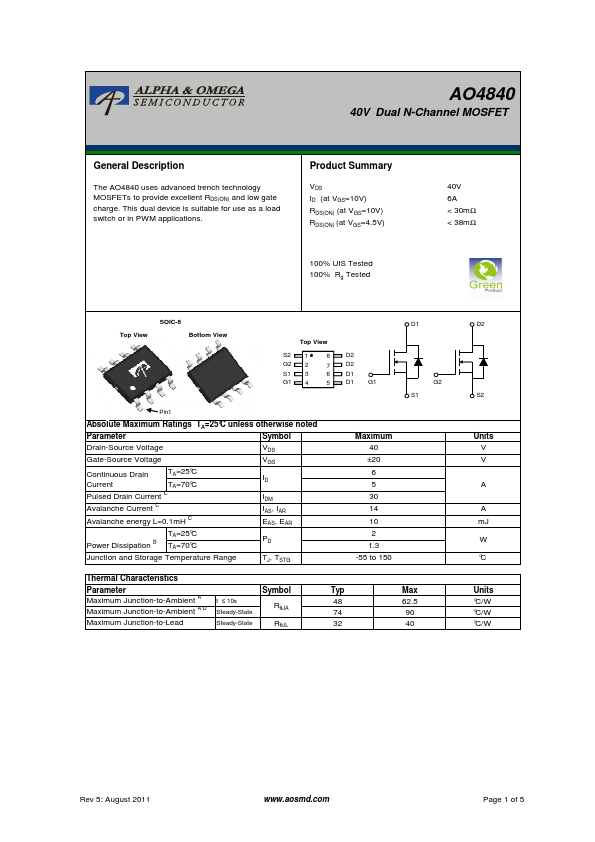 AO4840 Alpha & Omega Semiconductors