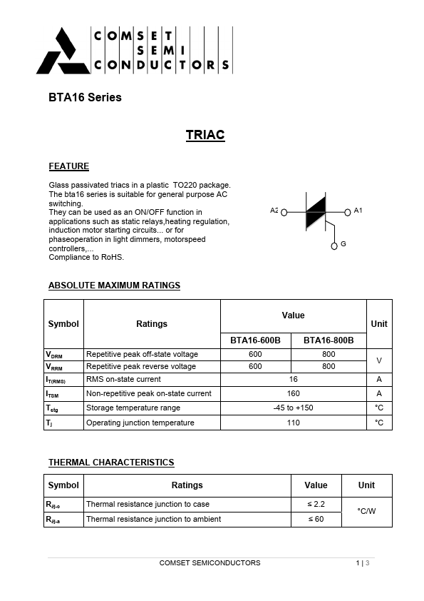 BTA16 Comset Semiconductors